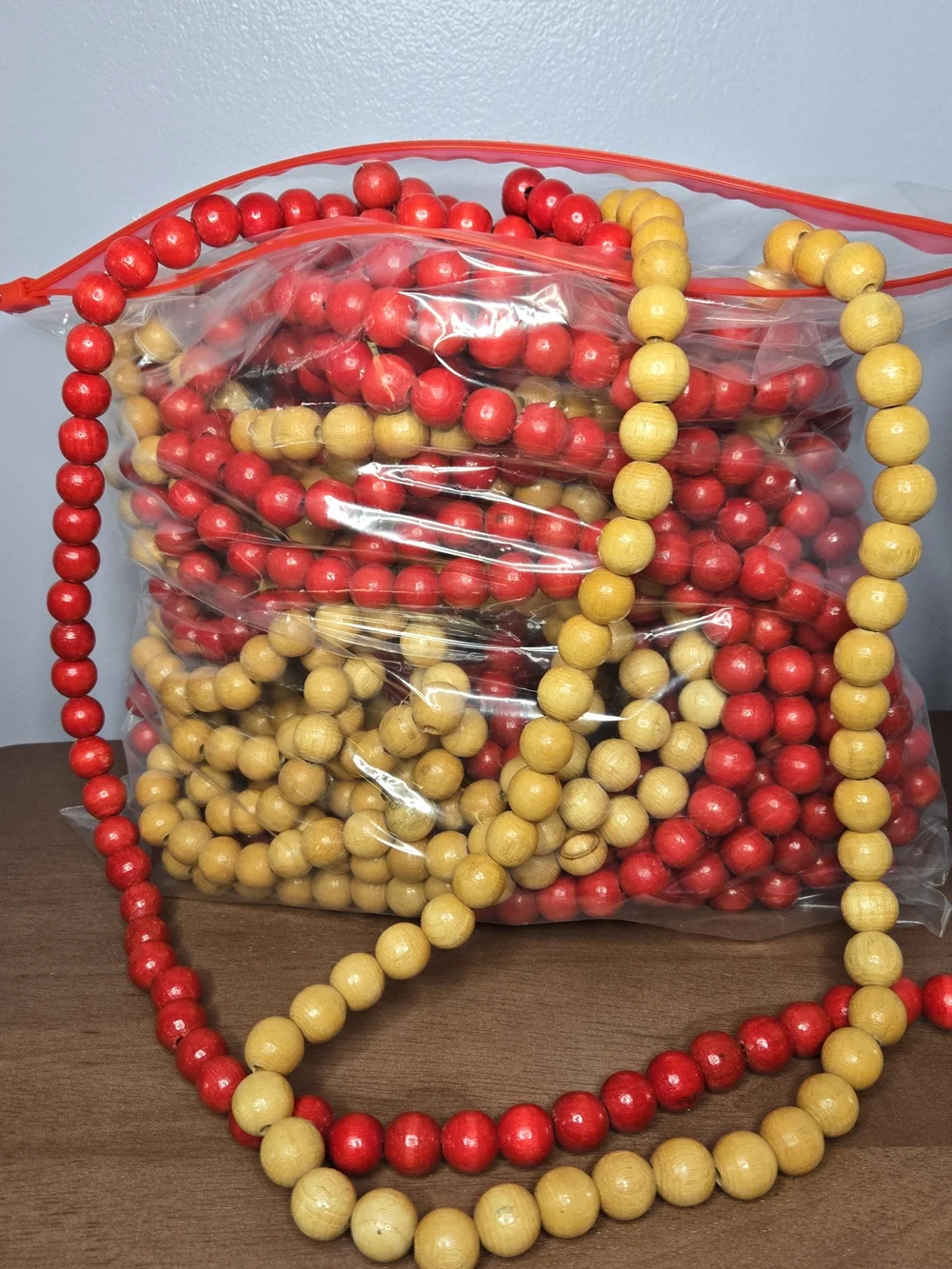 Red and Natural Wooden Bead Garland Set, Six 9 Foot Strands